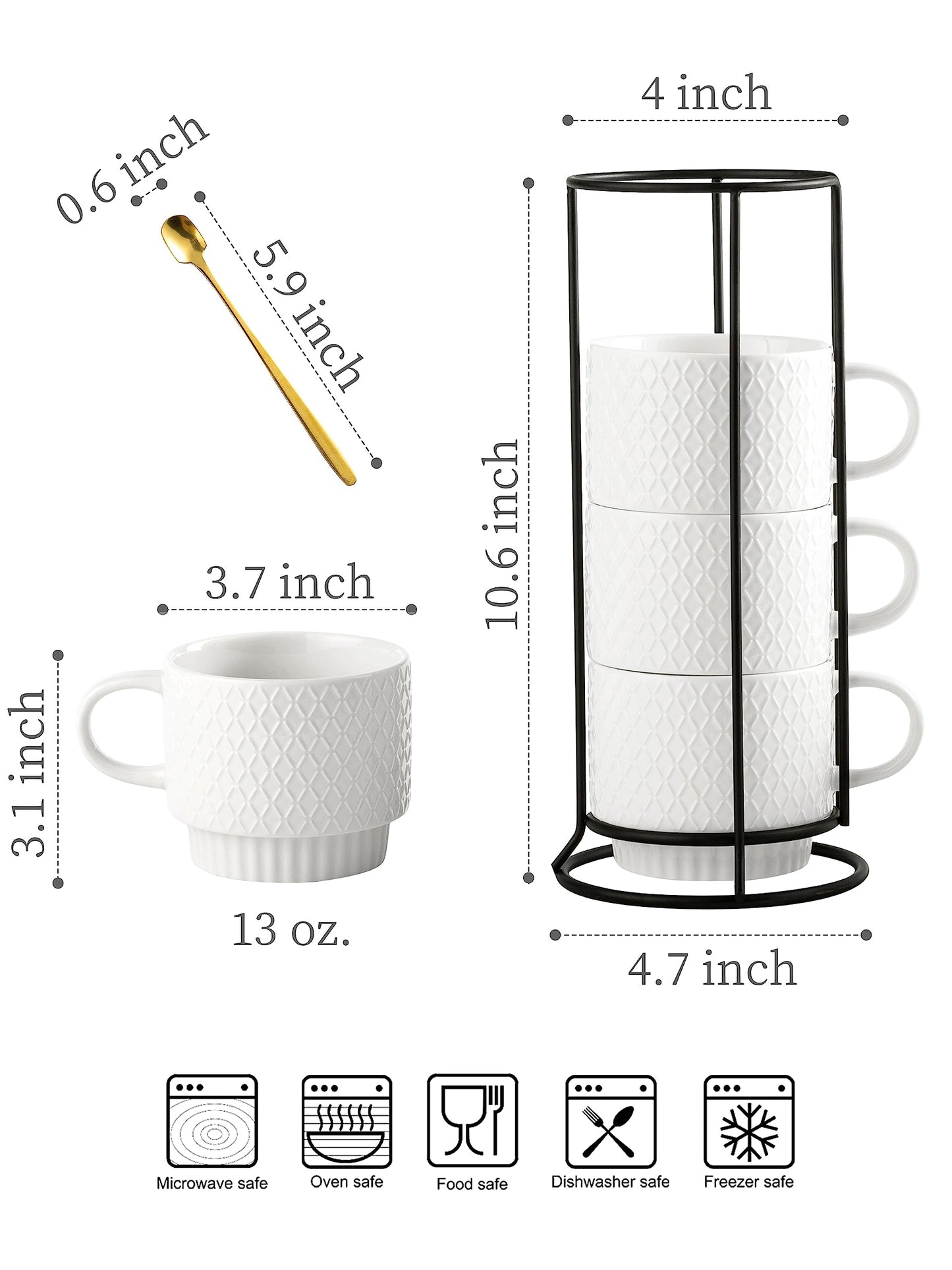 LYEOBOH Stackable Coffee Mugs with Rack, 13 oz Ceramic Coffee Mug Set of 4 with Stand, Latte Cup with Spoon, Cappuccino Cups for Hot Cocoa, Milk, White