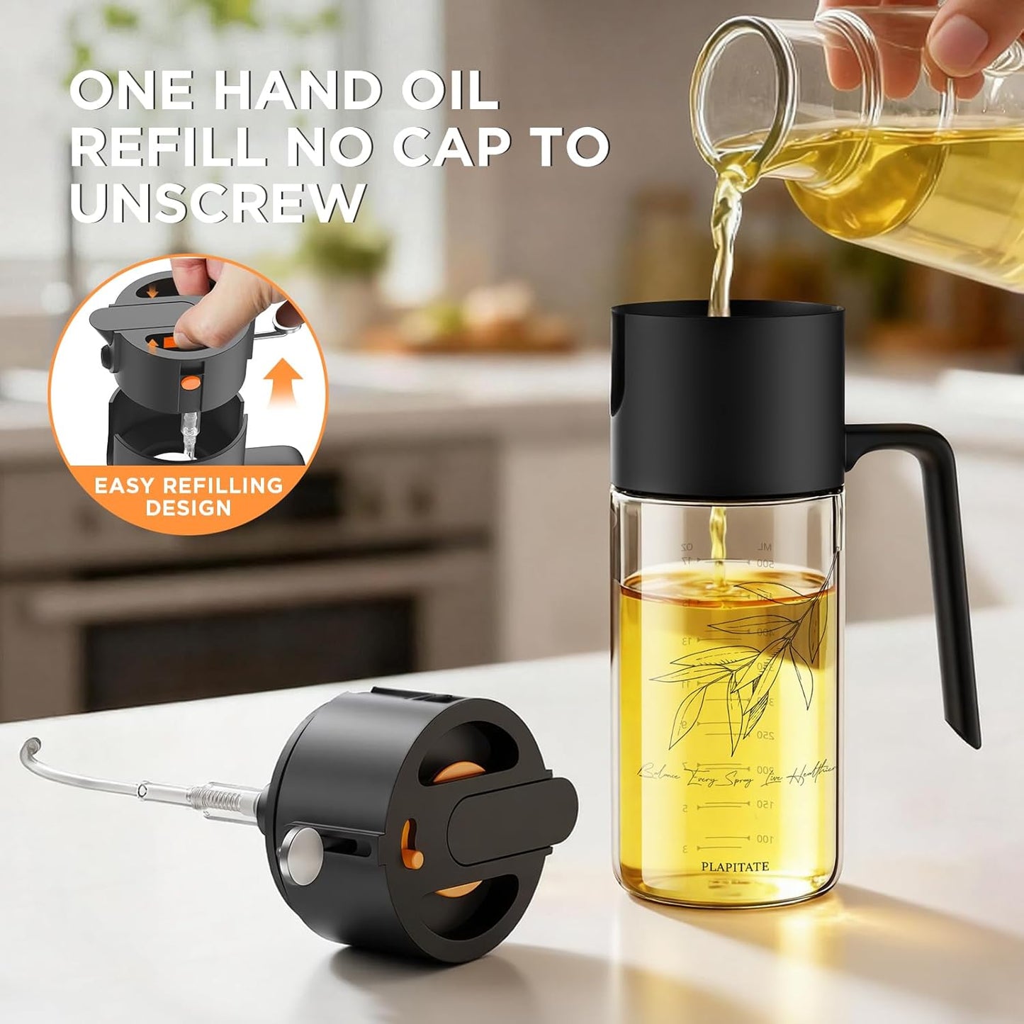 PLAPITATE Premium Olive Oil Sprayer - 17oz Glass Dispenser with Portion Control for Cooking | Black