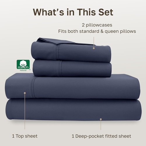California Design Den Queen Size Bed Sheets Set - 100% Cotton, 400 TC, Smooth Sateen Finish, Indigo Dusty Blue