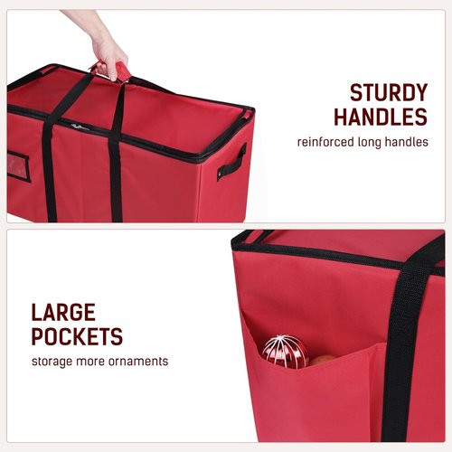 Lambada Christmas Ornament Storage Box - Durable Organizer with Adjustable Dividers | Holds 128 Ornaments (Red)