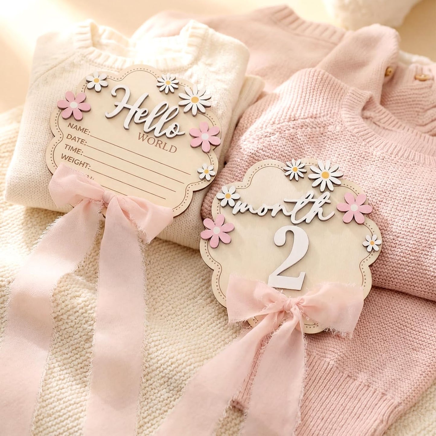 1-12 Amyhill Pink Bow Baby Announcement Sign Wooden Monthly Milestone Blocks with Number Hello World Newborn Signs Pink