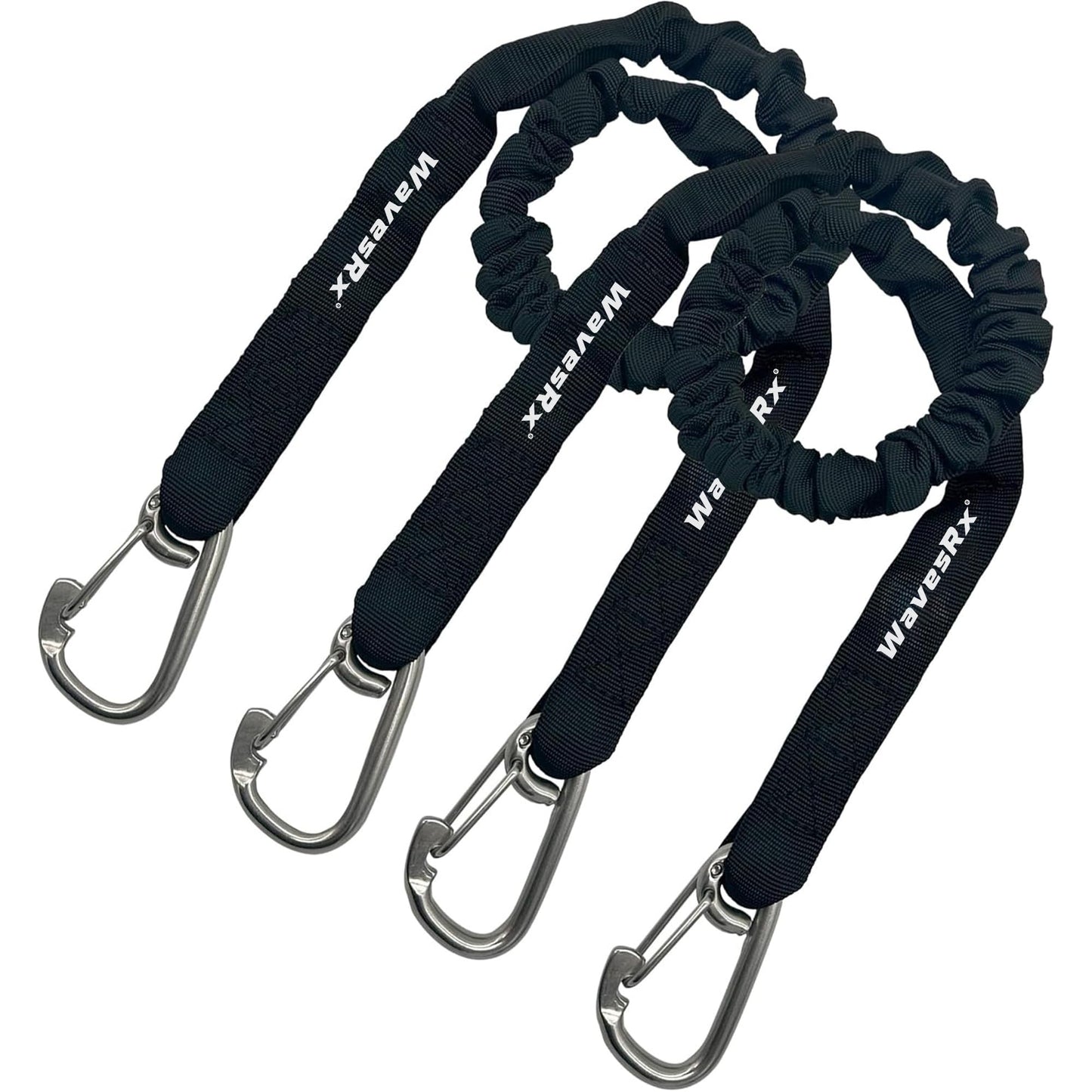 WAVESRX DockingPal™ - Premium Flat Bungee Dock Lines for Boats I Elastic Boat Dock Rope with Stainless Steel Carabiners | Stretches from 3' to 5' | Absorbs Shocks Prevent Damage to Jet Ski & PWC