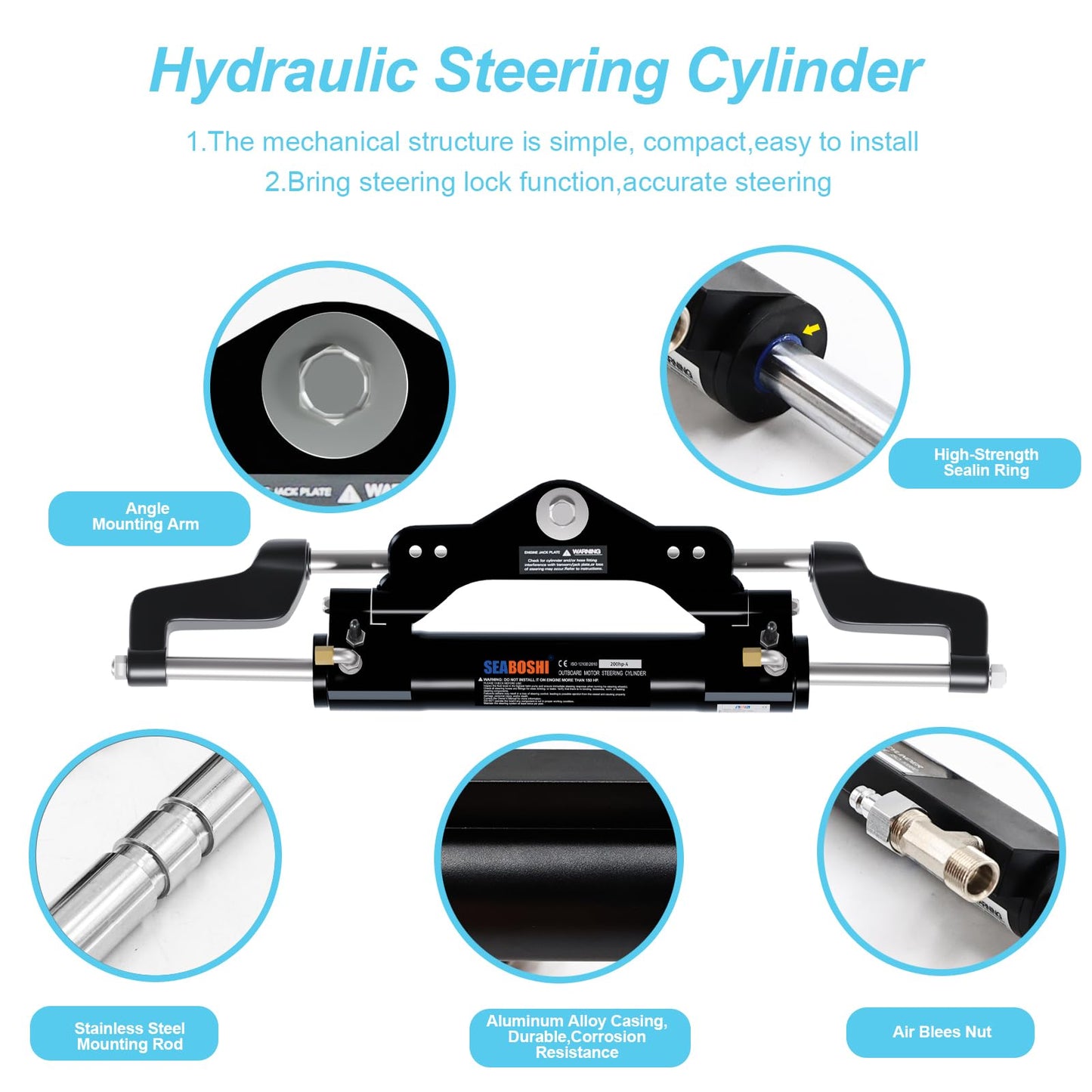 SEABOSHI Outboard 200HP Hydraulic Steering Kit,Hydraulic Steering for Boats,Boat Steering System with Hydraulic Cylinder,Helm Pump and Tubing