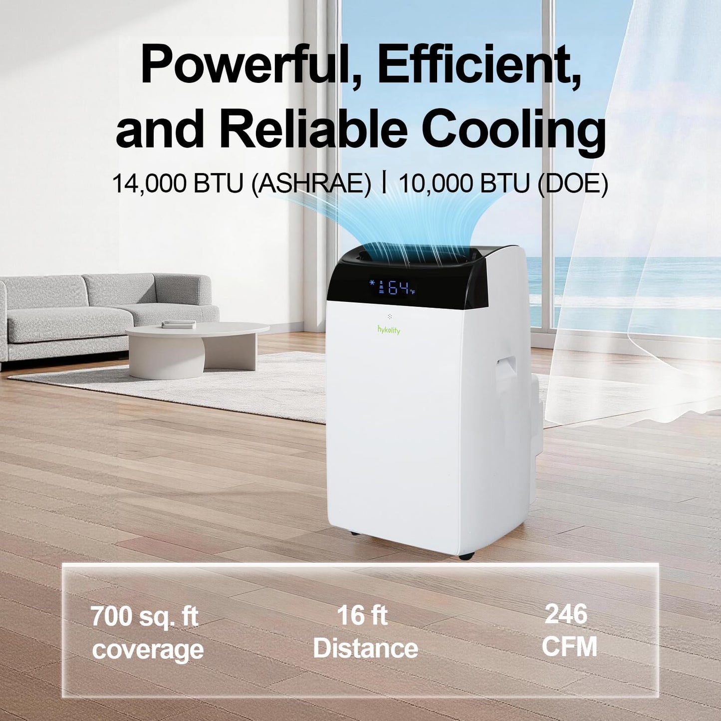 Hykolity WiFi Enabled Portable Air Conditioners 14,000 BTU, Cools Rooms Up To 700 Sq.Ft, 42dB Dual Motor 5 in 1 Quiet Smart AC Unit with Cool, Fan, Dehumidifier, 24H Timer & Sleep Mode