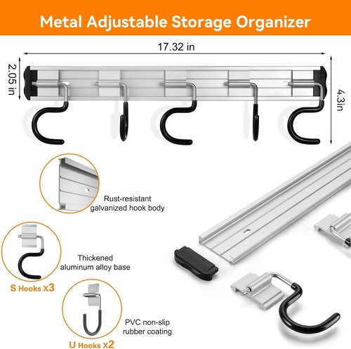 HUPBIPY Garden Tool Organizer - 34.5'' Aluminum Alloy Wall Mount Storage with Hooks for Shovel, Rake & Broom