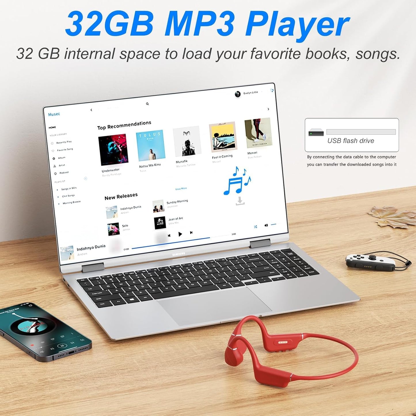 MUXUN 5.4 32GB MP3 IP68 Swimming, Swimming, Bone Conduction Headphones - Bluetooth & Memory Player Waterproof