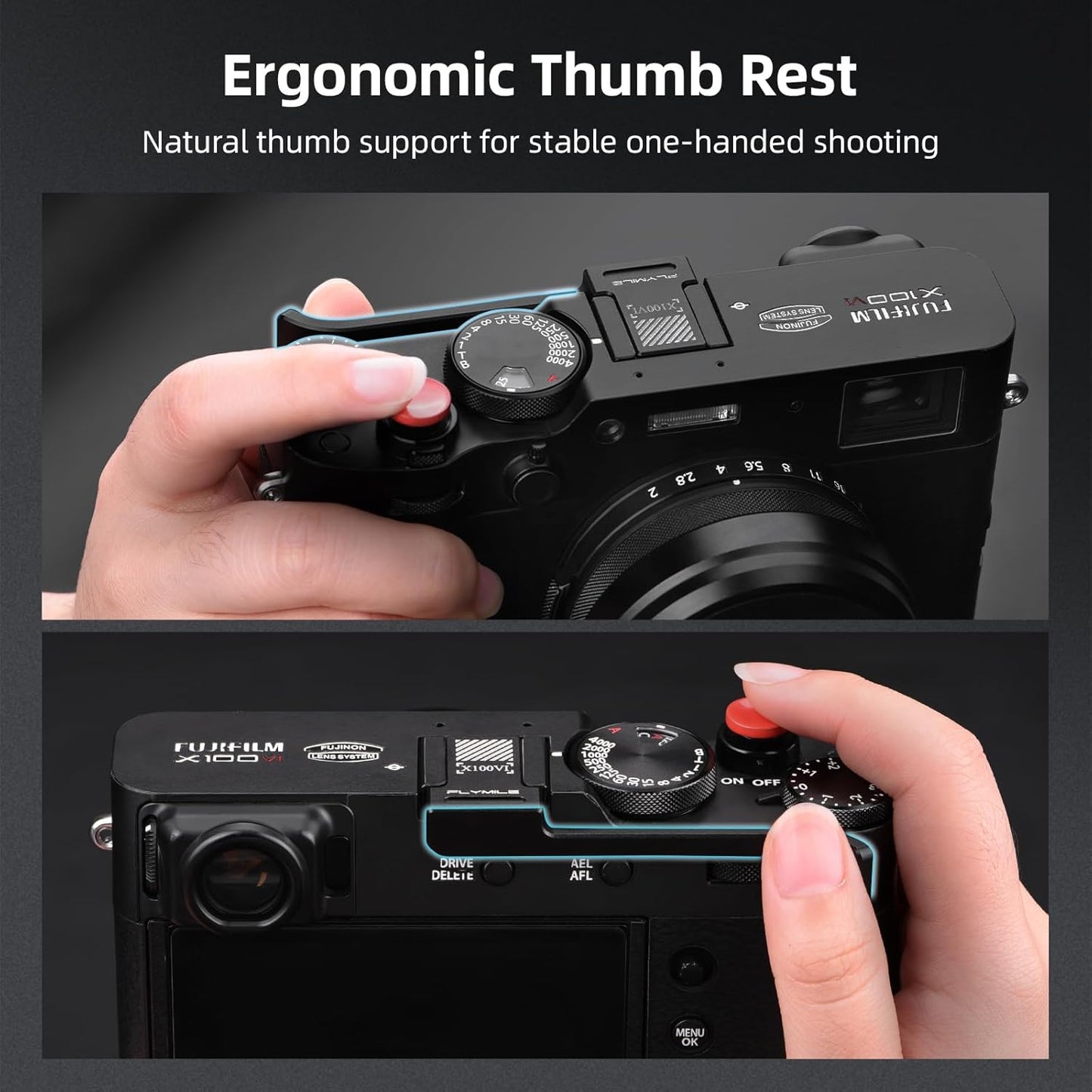 X100VI X100V Thumb Grip Metal Hot Shoe Cover with Shutter Button for FUJIFILM / Fuji Accessories (Black)