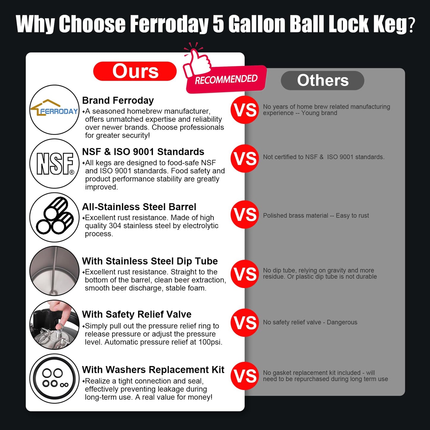 Ferroday Upgraded 5 Gallon Ball Lock Keg, Stainless Steel Corny Keg with Ball Lock Post, Portable Cornelius Beer Keg with Dual Rubber Handle, Gasket Set for Commercial Home Brewing