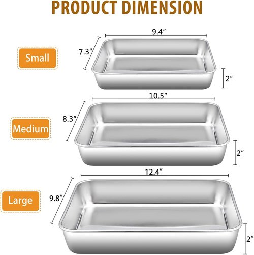 E-far Stainless Steel Baking Pans Set | 3-Piece Rectangle Bakeware for Cake, Lasagna & Brownies - 12.5/10.5/9.4 Inch, Non-Toxic & Dishwasher Safe