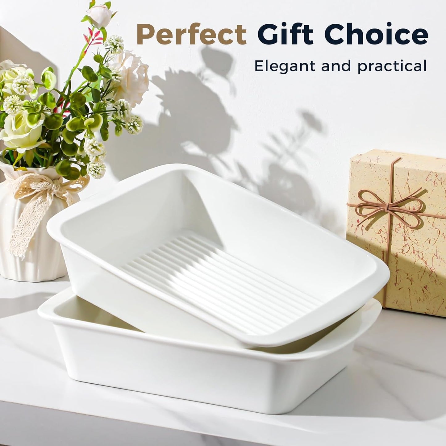 Regine Switzerland 9x13 Baking Dish Set of 2 - Porcelain Casserole Dish with Handles | Deep 3.75 Qt Bakeware, Microwave & Dishwasher Safe, White
