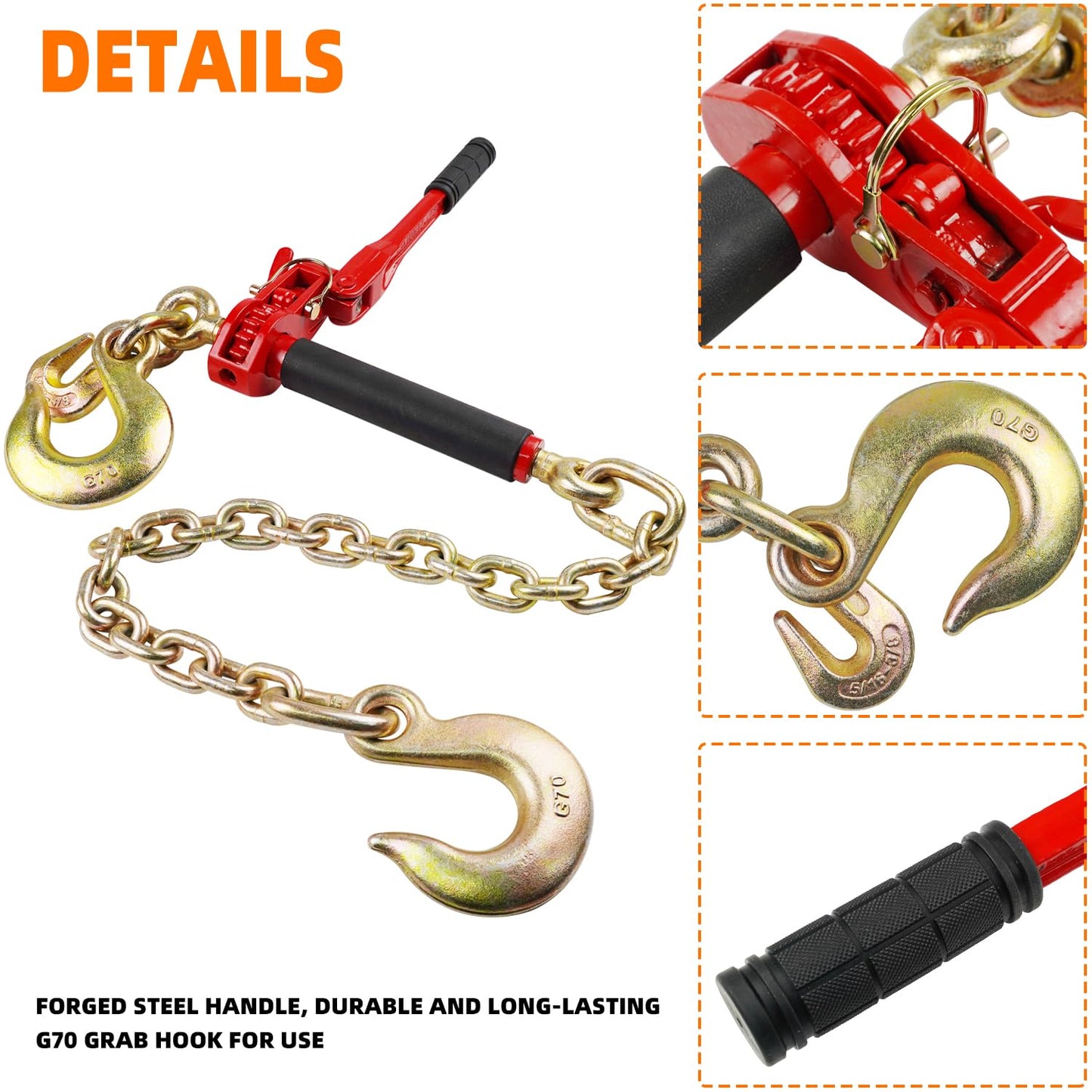 ENJ 2 Pack Folding Handle Load Binder, 7100 lbs WLL, w/ 5/16"-3/8" Grab Hook & 2 ft G70 Chain with Dual G70-1/2" Sling Hooks, for Truck Tie Down, Hauling, Towing, Logging