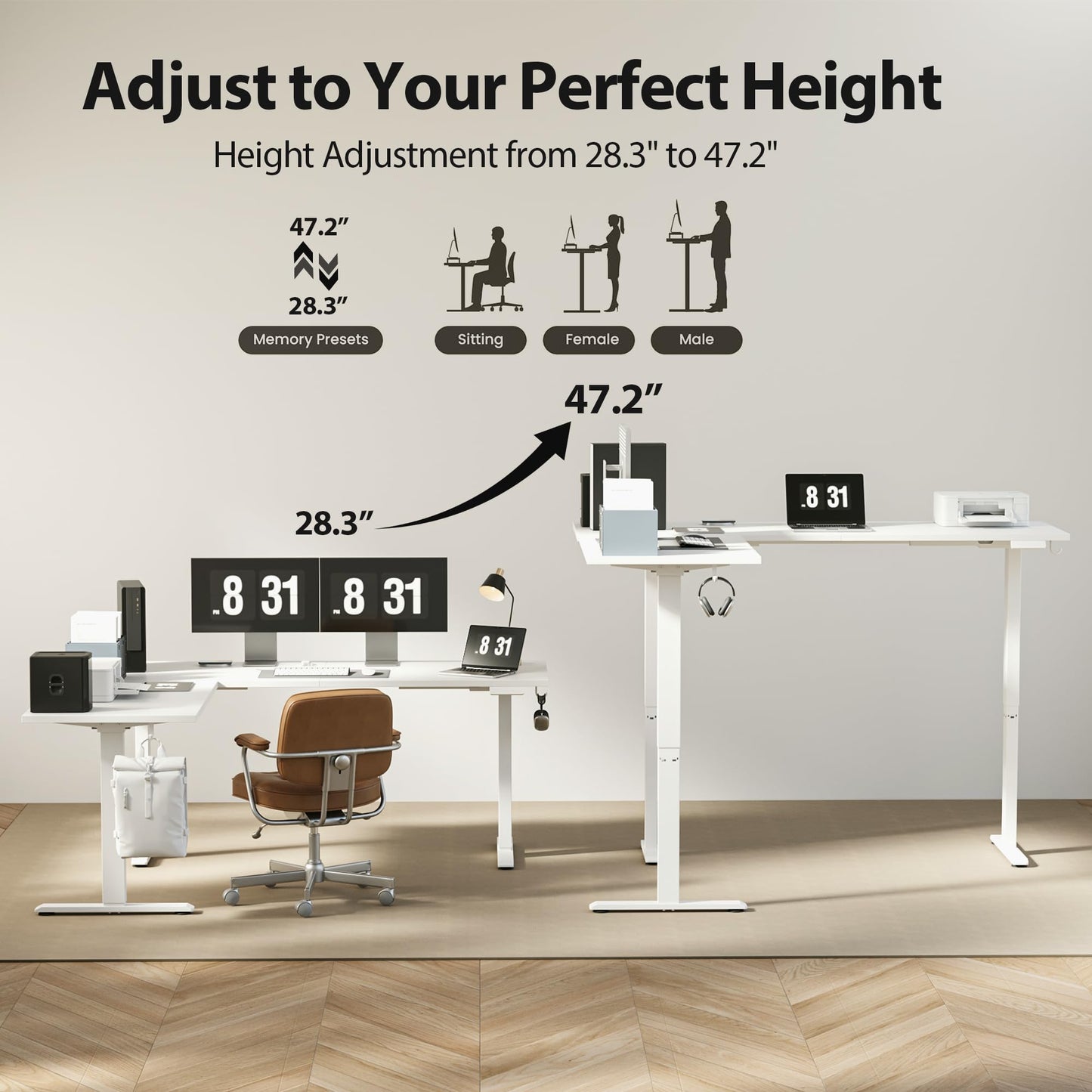 Agilestic Triple Motors 73" x 60" L Shaped Standing Desk, Electric Standing Desk Adjustable Height, Extra Large Desktop Corner Table for Home Office, Gaming Workstation, Splice Board, White