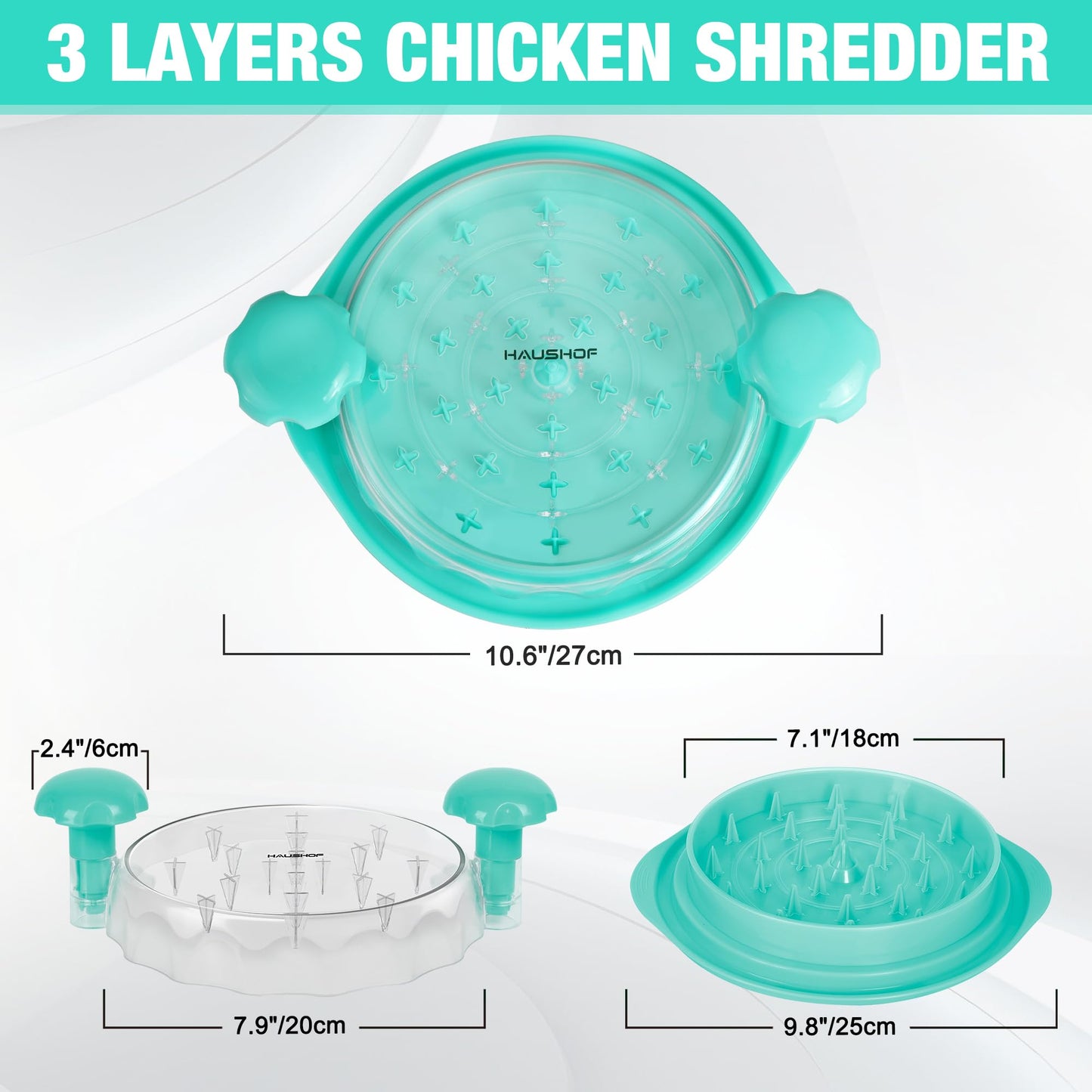HAUSHOF Chicken Shredder Tool Twist, Large 3 Layer Meat Shredder Grinder, Visible, Strong Anti-Slip, BPA Free, Dishwasher Safe, for Steak, Pork