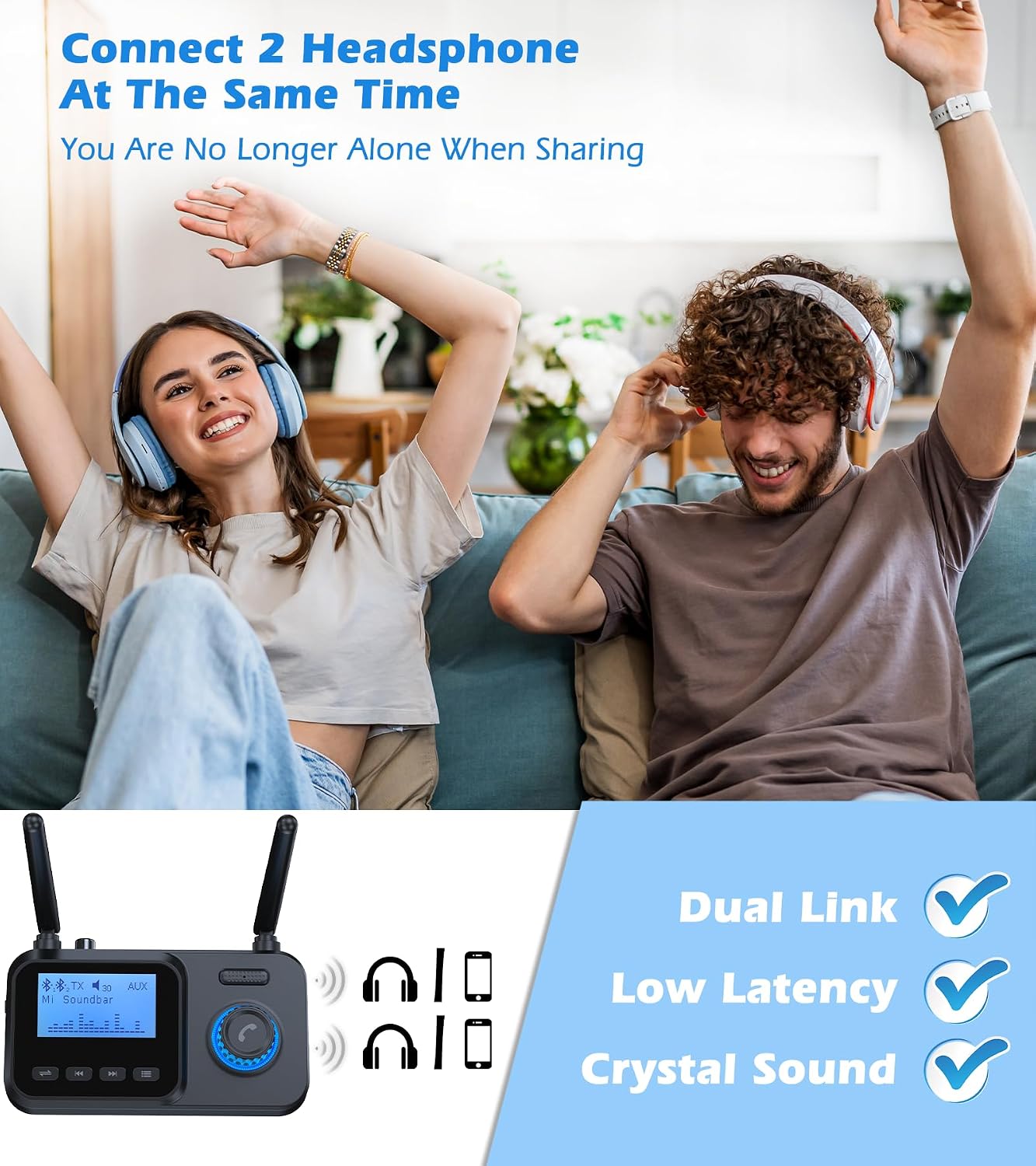 KAIY 2 2 1 Bluetooth Transmitter for TV Dual Link to Headphones, in Wireless Audio Adapter Receiver for Home Stereo