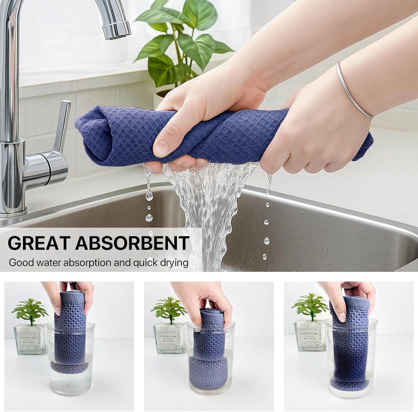 Skiennix 100% Cotton Waffle Weave Kitchen Towels - Ultra Soft & Absorbent Dish Cloths | 6 Pack, Dark Blue, 12x12 Inches