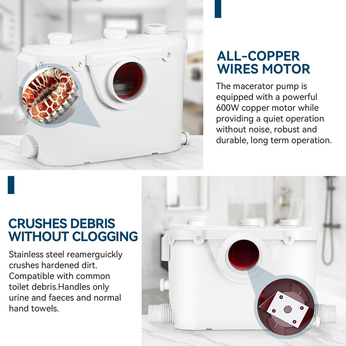 600W Macerator Pump Toilet Pump Upflush to 26FT 1800GPH Utility Sink Pump with 4 Water Inlets 1 Outlets Macerating Toilet System for Toilet Sink Shower Laundry Kitchen Basement