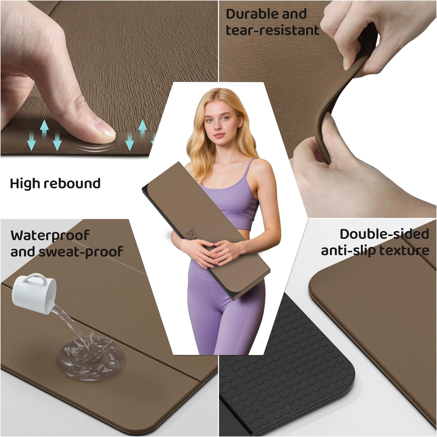 ONLYHE Foldable Yoga Mat Exercise Mat for Home Workout, Comfortable and Durable, 8mm Thick Portable Folding Mat, Non-Slip, Pilates Mat Thick, Outdoor Use, Meditation, Travel, Camping (71"x24" x 0.3") (Brown+Black)