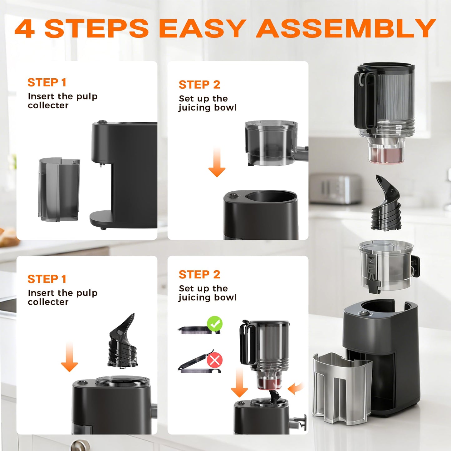 Cold Press Juicer with 5.5" Wide Feed Chute, Slow Masticating Juicer Machine for Whole Fruits & Vegetables, High Juice Yield, Gray