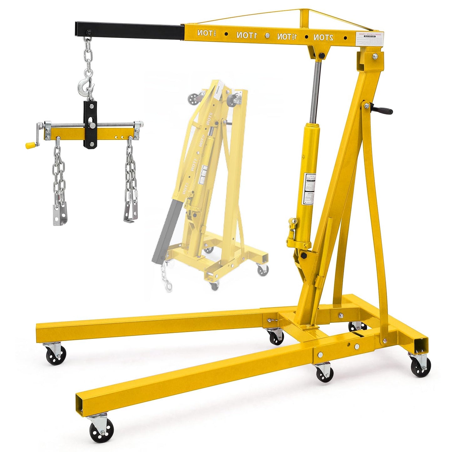 GarveeTech Engine Hoist with Lever, 2 T 4000 Lbs Heavy Duty Folding Cherry Picker Engine Lift Hydraulic Tilting Engine Shop Crane with 6 Iron Caster Wheels Telescopic Boom Hitch, Yellow