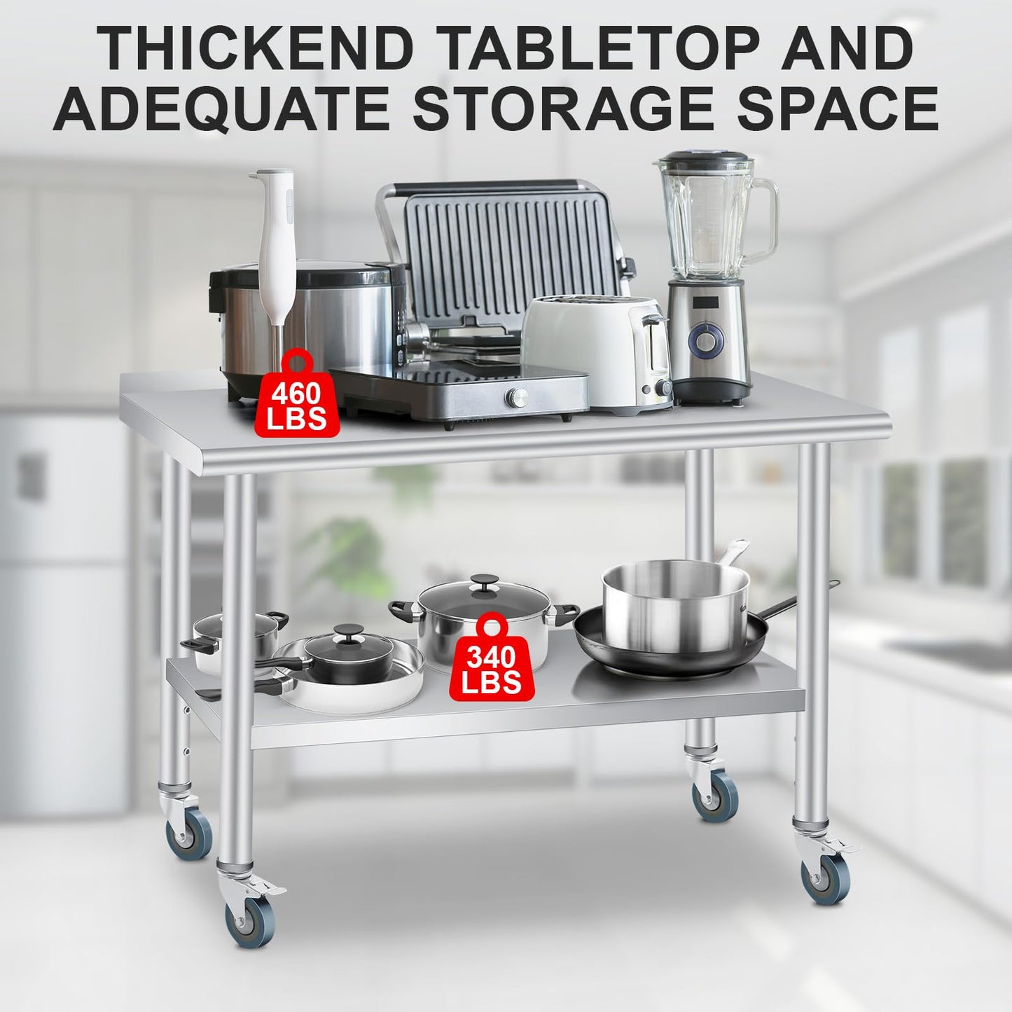60 x 24 Inch Stainless Steel Prep Table, Heavy Duty Commercial Work Table with 4 Caster Wheels, Adjustable Undershelf & Rounded Corners, Metal Kitchen Workbench for Restaurant, Garage and Outdoor