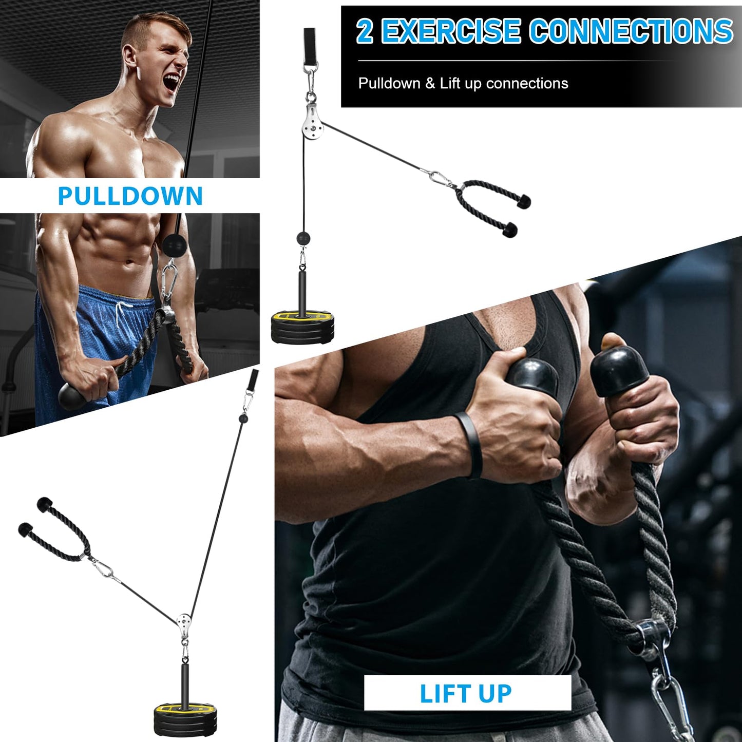 Pulley System for Home Gym, Cable Pulley System Gym for LAT Pulldown Cable Machine Pulley Attachment with Tricep Rope Ideal for Biceps Curl, Arm Workouts, Strength Training