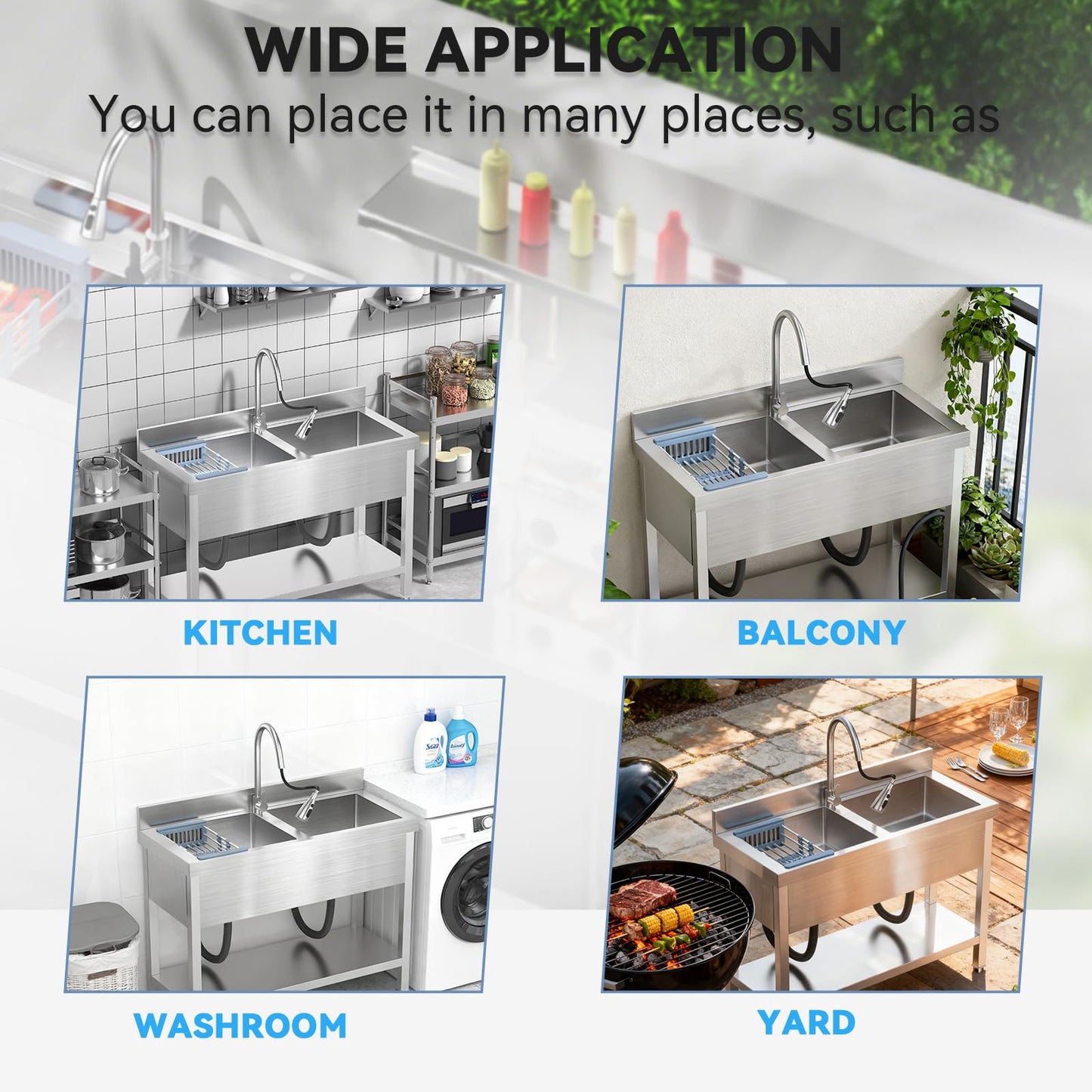Double Bowl Kitchen Sinks Set w/Hot and Cold Faucet,Stainless Steel Utility Sink for Kitchen and Bathroom Farmhouse Style