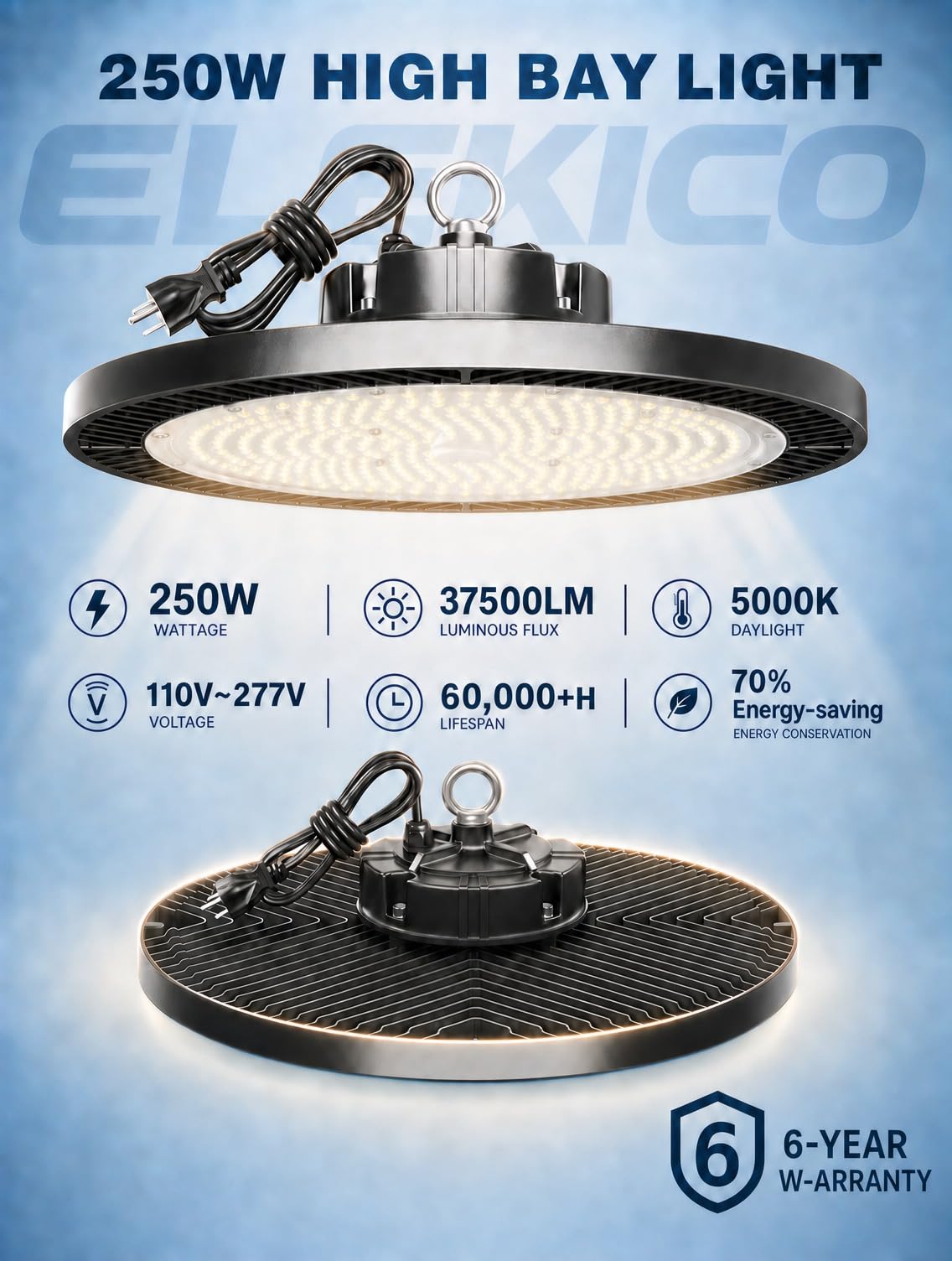 ELEKICO Super Bright 250w UFO LED High Bay Light 37500lm with Plug 5ft Cable (Eqv.1000w Mh/Hps/Hid),5000k High Bay Led Shop Lights Garage Lighting for Garage Factory Workshop Warehouse Barn -6pack