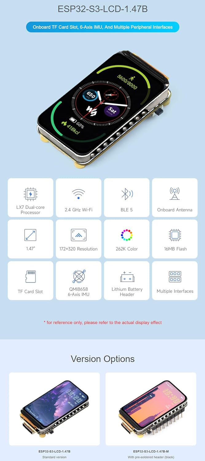 XYGStudy ESP32-S3 1.47inch 172320 262K 2.4GHz 5, 240MHz LX7 (ESP32-S3-LCD-1.47B-M) LCD Display Development Board Type