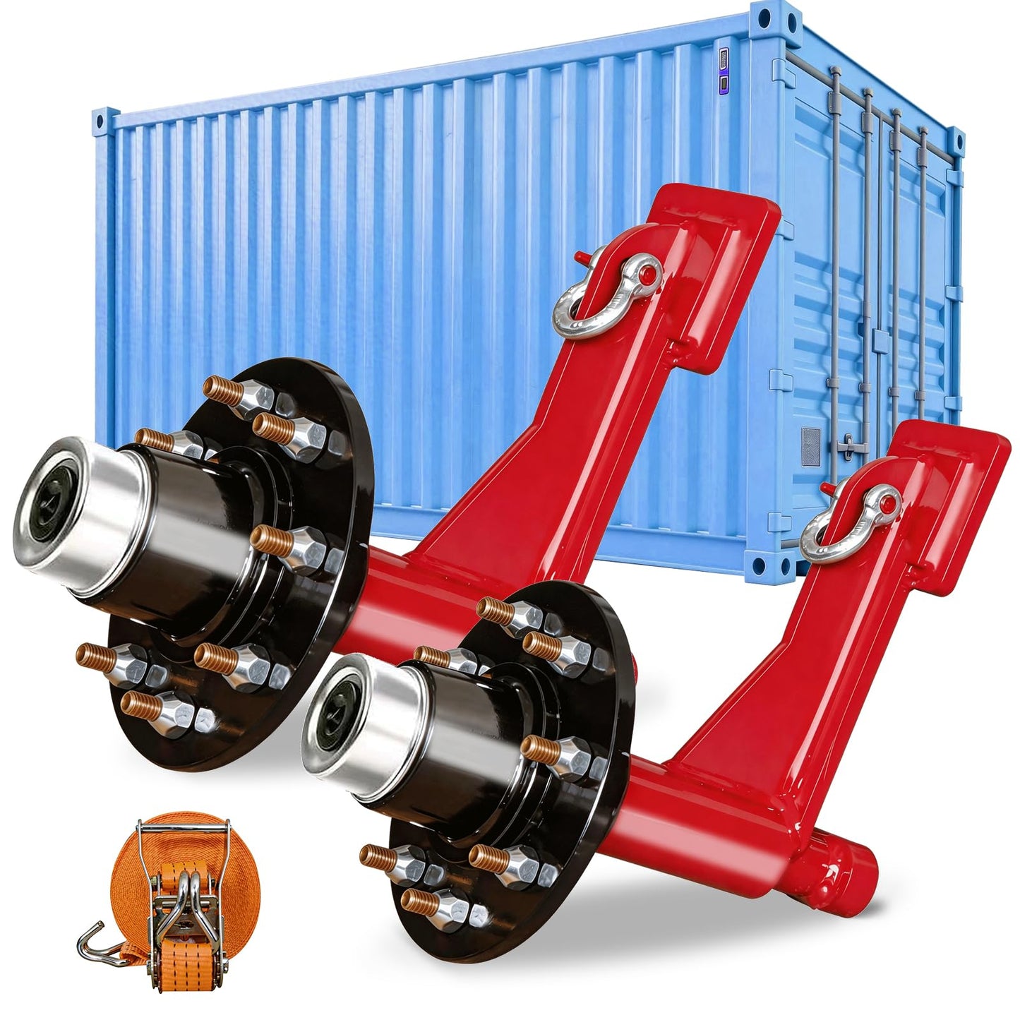 2-Pack 8-Lug Container Wheel Kit Heavy Duty Shipping Container Axles with Ratchet Tie Down, Red Container Moving Wheels for 20ft 40ft Shipping Container