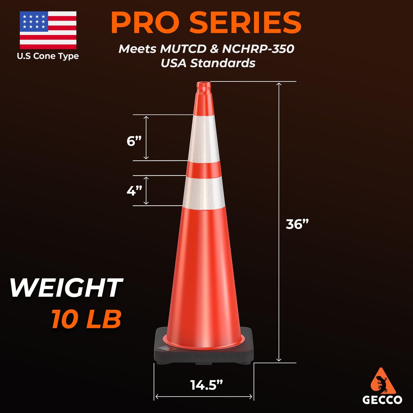 GECCO ™ (8 Pack) 36 Inch 10 Lb Heavy Tall Orange Traffic Cones Set | Large Safety Cones, Orange Cones, Parking Cones, Construction Cones, Road Cones | PVC Plastic & Black Base - [PRO Series]