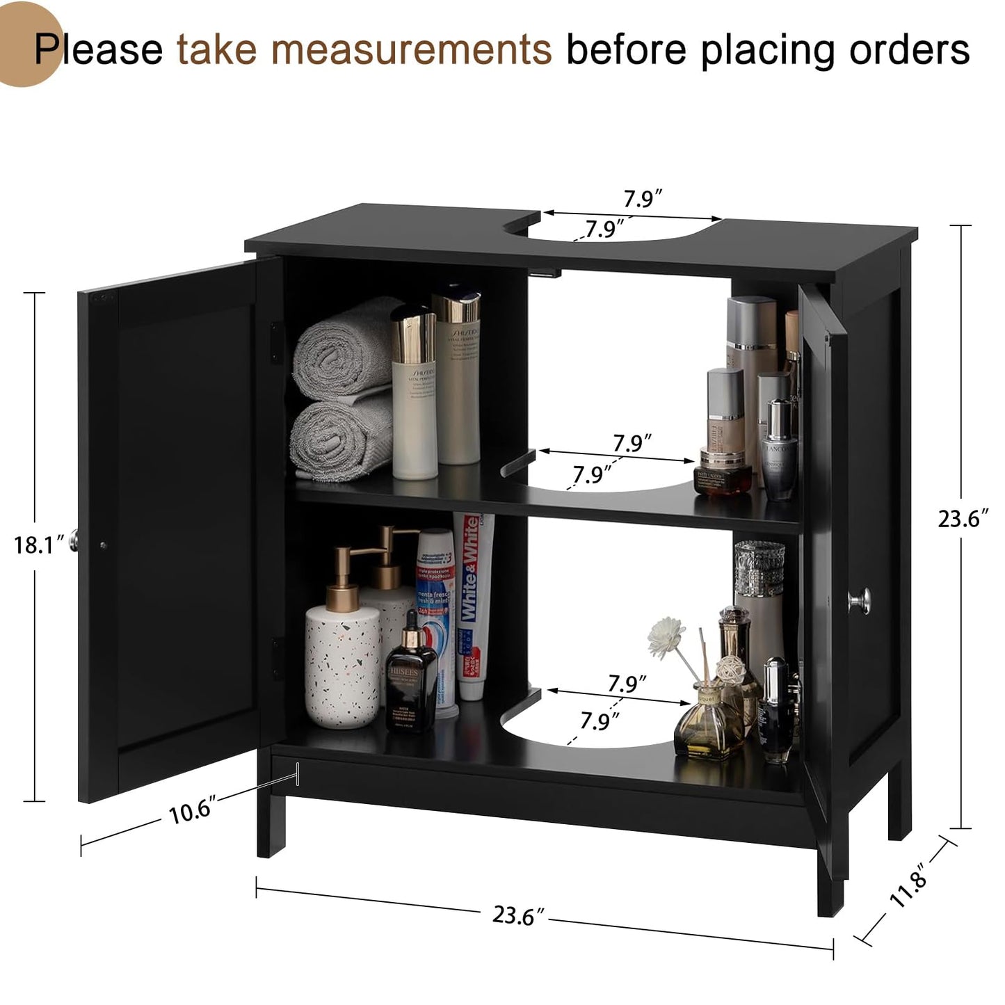 Iwell Pedestal Sink Storage Cabinet with 2 Doors and Shelf, Under Sink Cabinet, Bathroom Sink Cabinet with U-Shape, Black