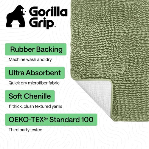 GORILLA GRIP Bath Rug Mat - Soft Absorbent Chenille | Quick Dry Microfiber, 44x26, Sage Green