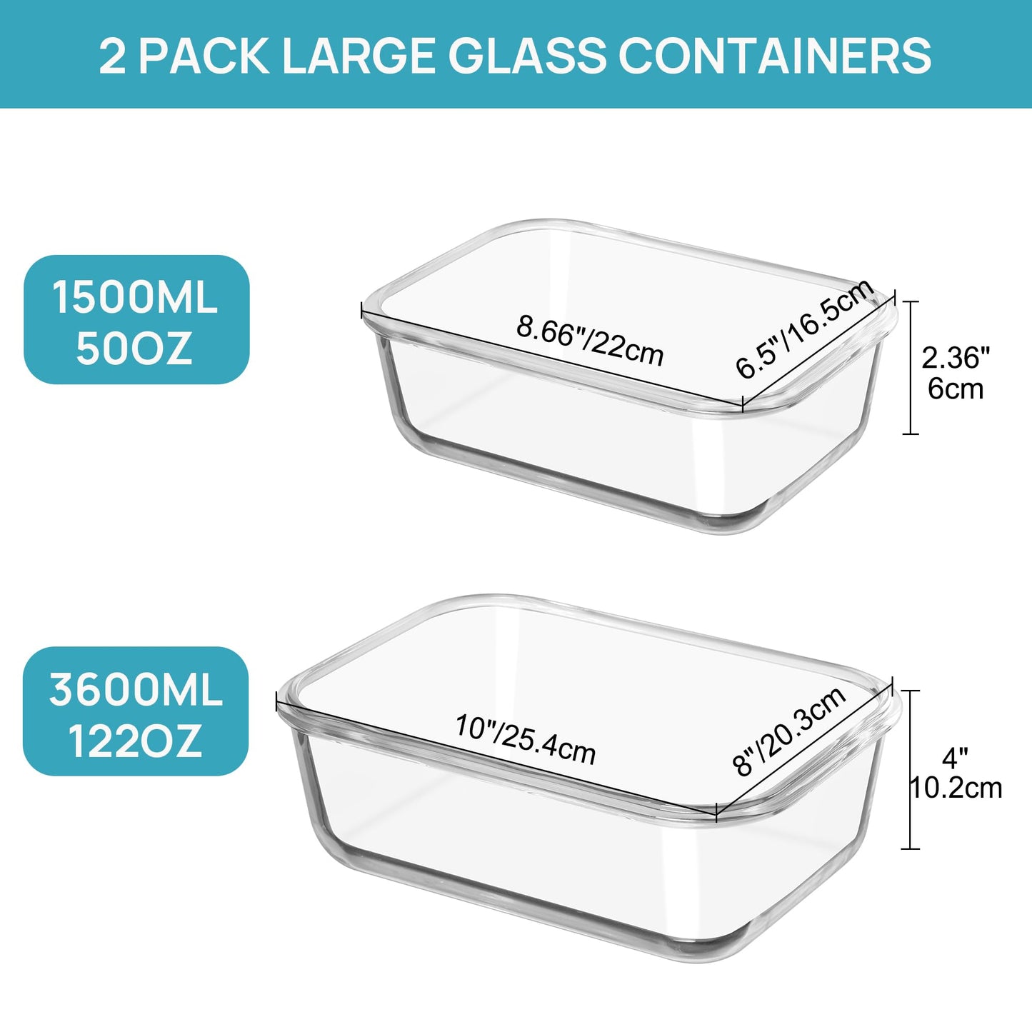 Vtopmart 122oz+50oz Large Glass Food Storage Containers with Airtight Lids, Big Glass Containers for Roasting Chicken, Baking Casseroles, Food Storage, Meal Prep, Fruits, Thanksgiving Meals, BPA-Free