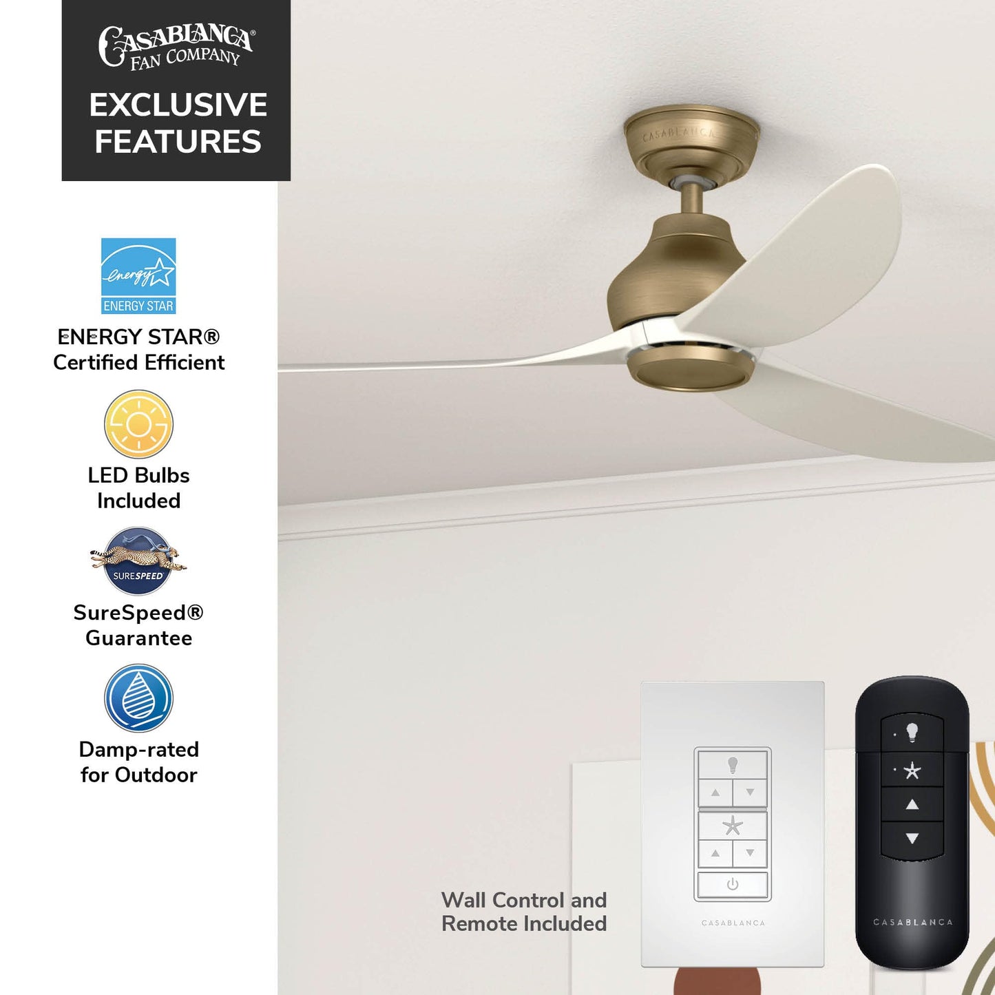 Casablanca - Eyla Indoor/Outdoor Ceiling Fan, 52-inch, 6-speed DC Motor, Energy Star, for porches, patios, sunrooms, bathrooms (Luxe Gold)