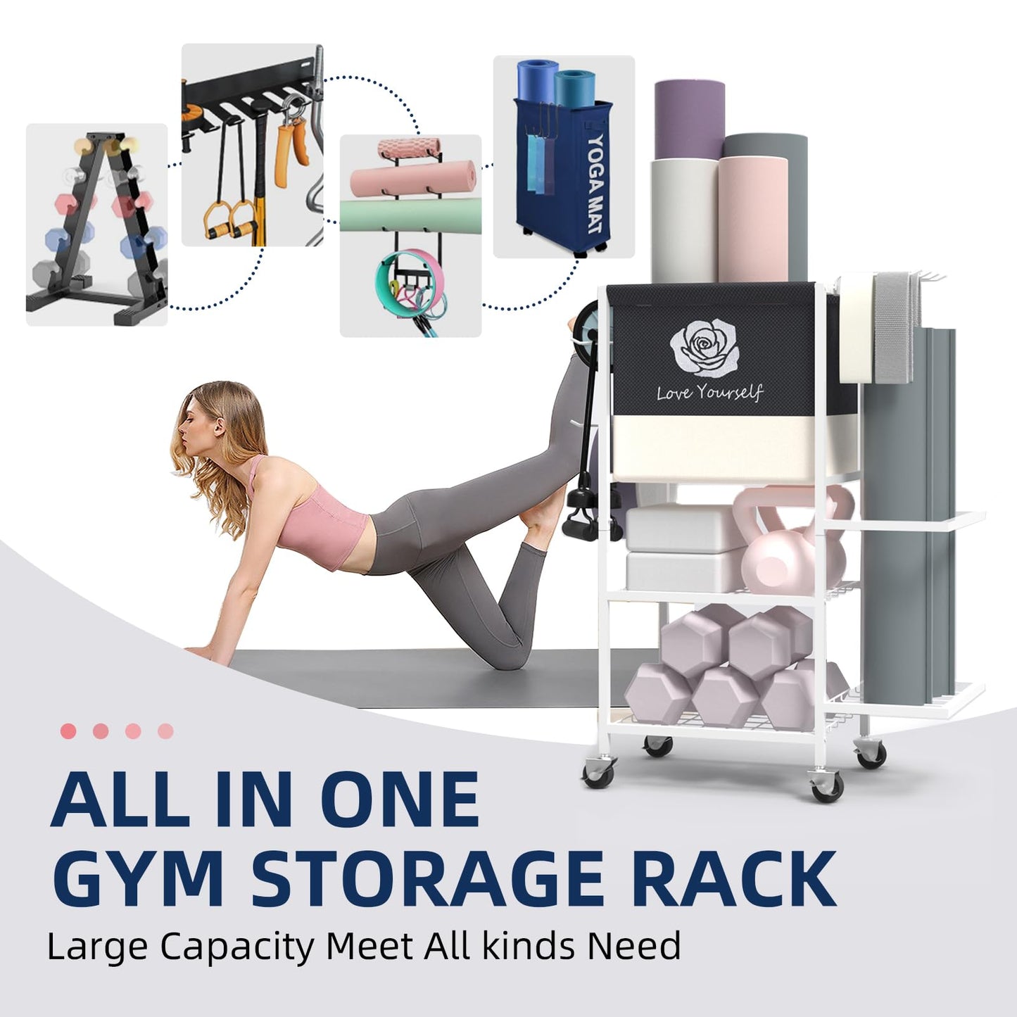 Yoga Mat Storage Rack，Home Gym Storage Rack Gym Workout Equipment Storage Organizer on Wheels for Yoga Mat,Yoga Block,Foam Roller,Resistance Band,Dumbbell,Kettlebell (White)