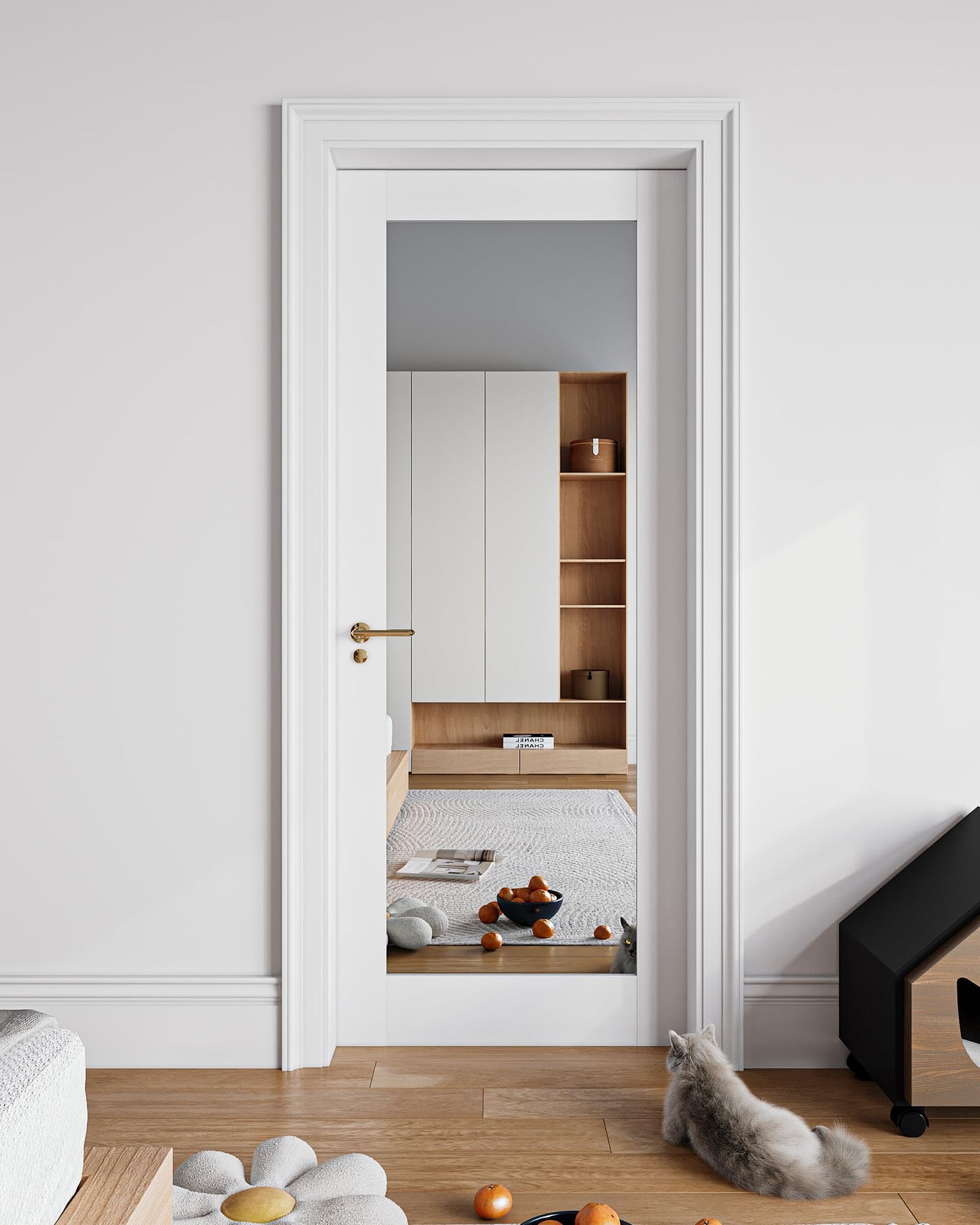 24" x 80" Mirror Slab Door,Paintable Solid Wood Pocket Barn Doors for Bedroom Closet Laundry Pantry Bathroom White Pre-Finished Surface Paintable, w/o Hardware