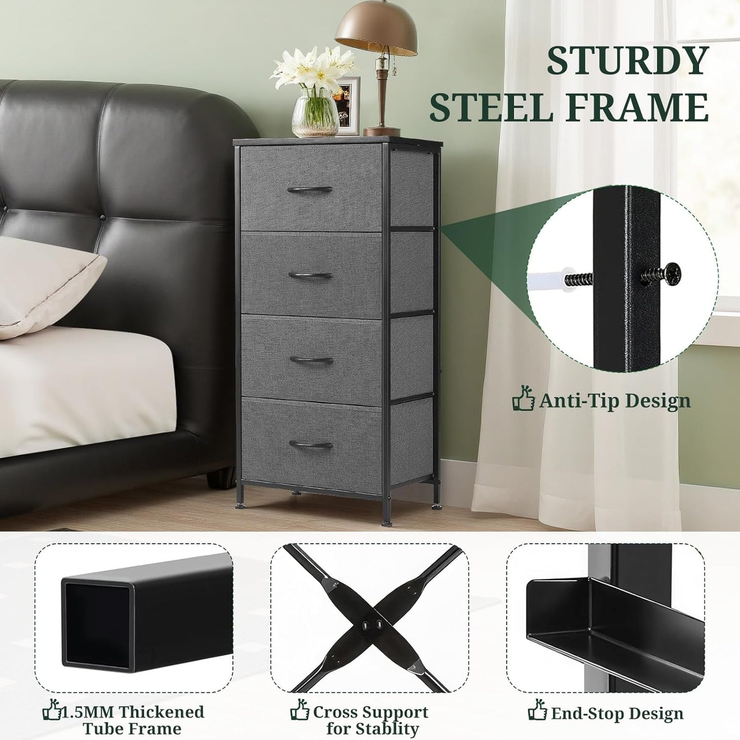 Regine Switzerland Nightstand - 4 Drawer Dresser with Wooden Top & Steel Frame | Gray Fabric Bins for Bedroom & Living Room