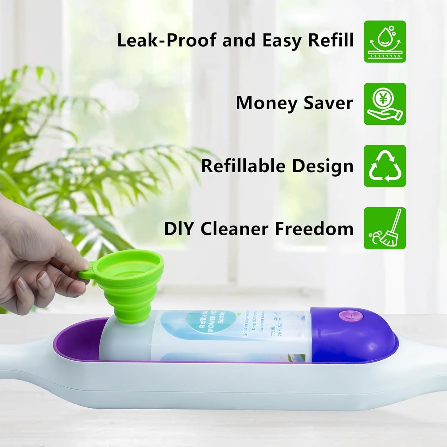Power Mop Refillable Bottle - 26 FL OZ Leak-Proof HDPE Solution Container with 5 Silicone Gaskets & Funnel