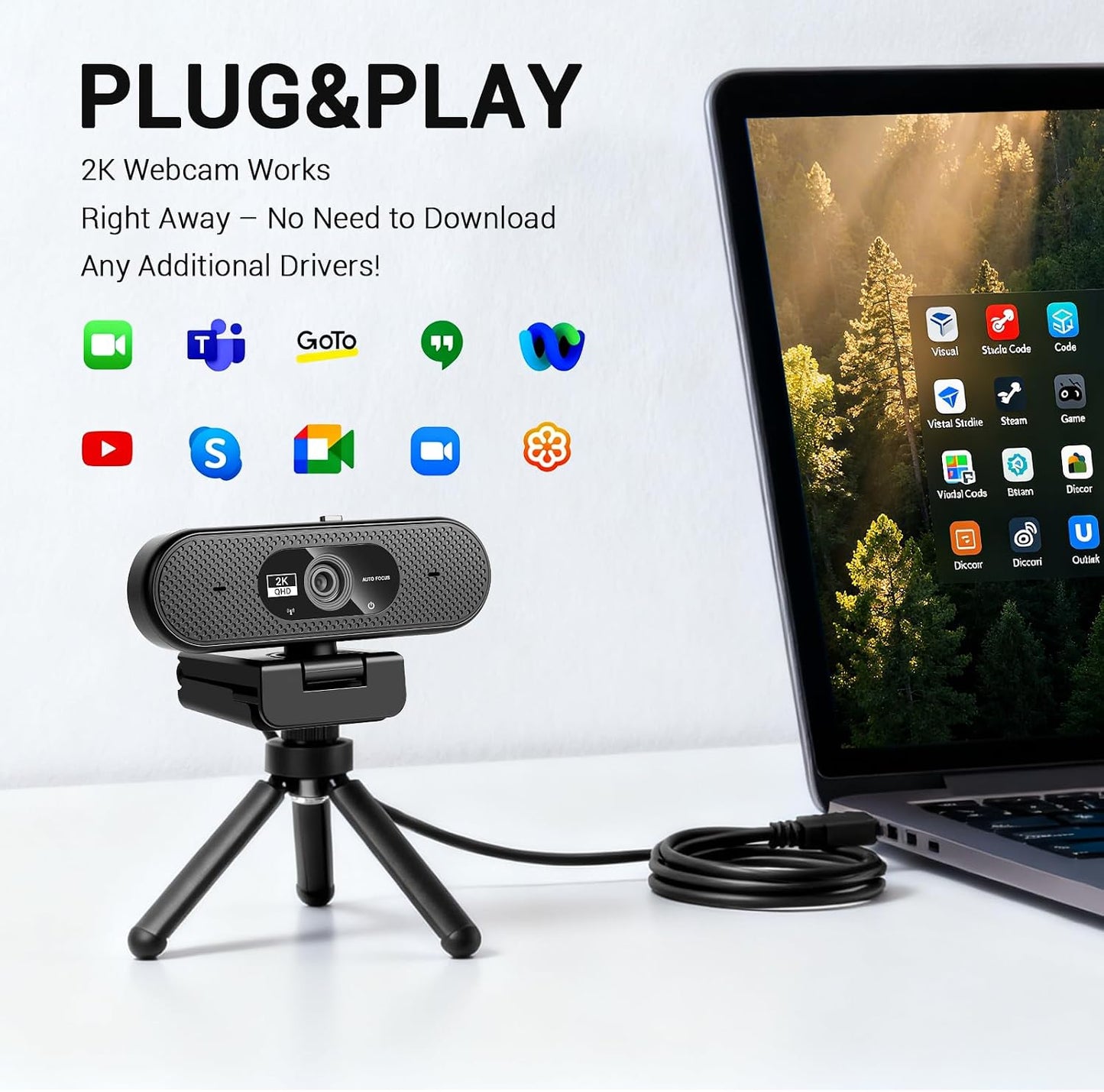 Generic 2K Hprosper Webcam with Microphone, Automatic Light Correction & Privacy Cover, Wide Angle USB Camera for PC