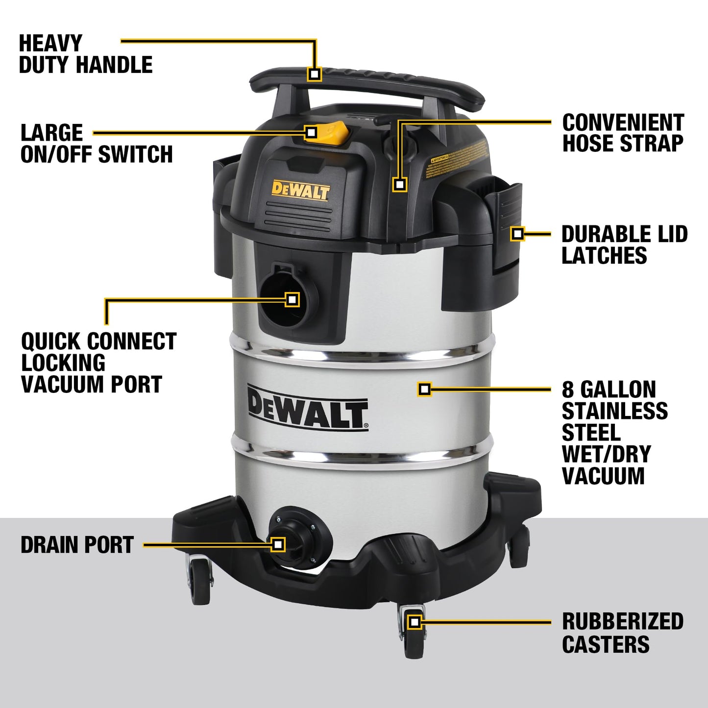 DEWALT DXV08S 8 Gallon Wet/Dry Vacuum, 4 Peak HP Shop Vacuum, Stainless Steel Tank, Silver