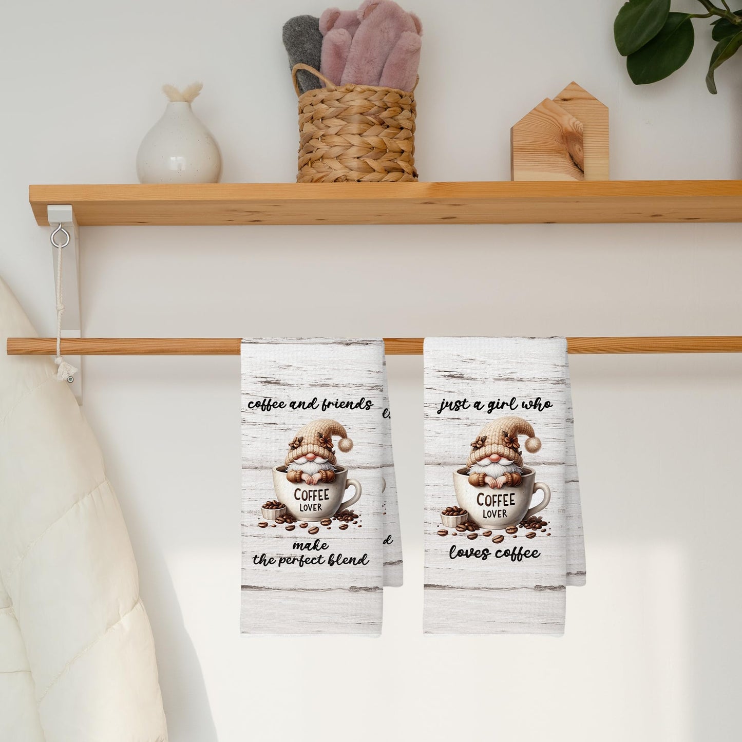 CUANFDDSF Coffee Gnomes Coffee Bar Decor Kitchen Towels Set of 2, Coffee Lover Gifts for Women Girls, Bar Accessories Decoration Tea Towels Kitchen Hand Towels 16x24 Inch