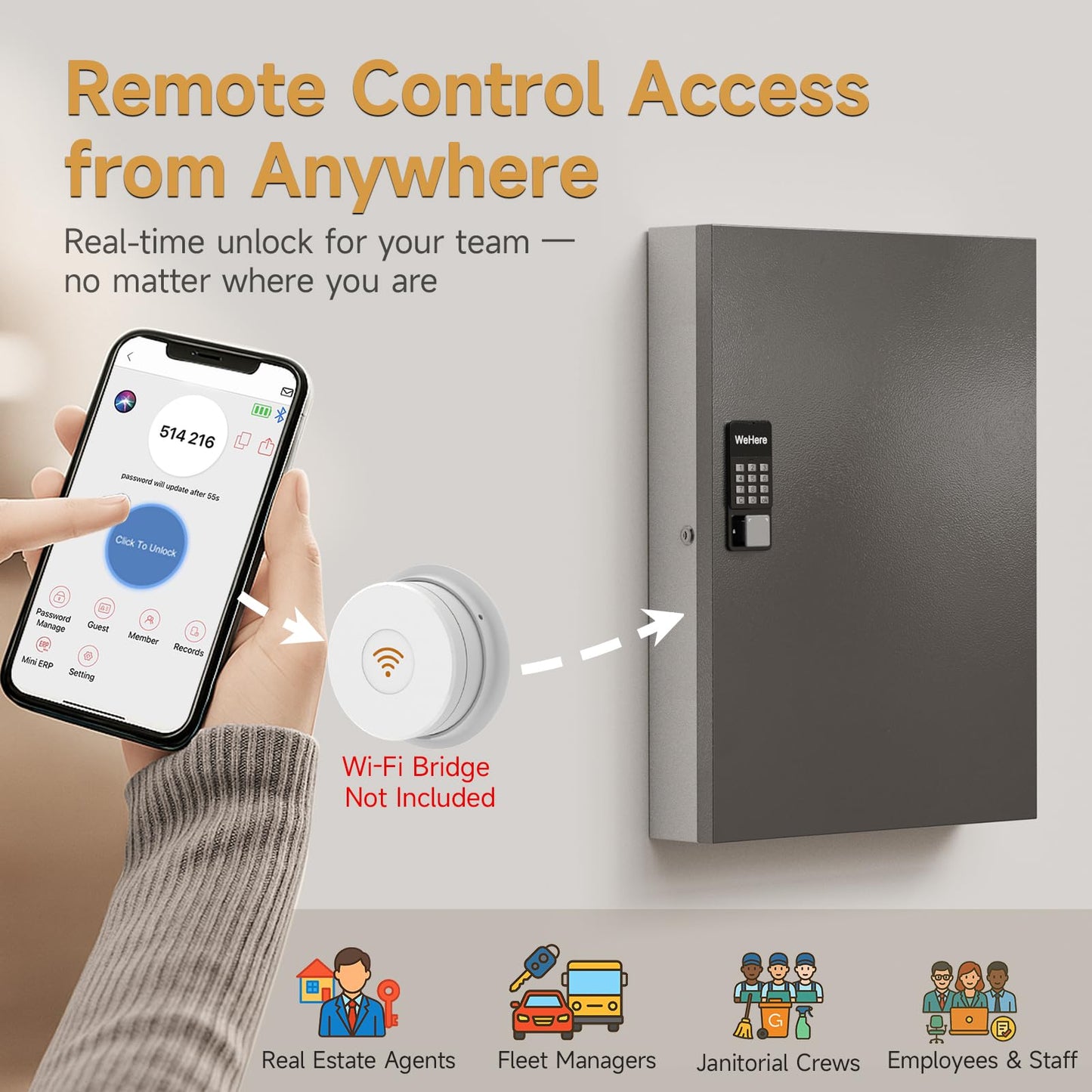 DiDiHer192-Key Smart Key Lock Box with Key Management App(Track Key Borrow/Return), Keypad, Bluetooth & WiFi Unlock (Sold Separately), Wall-Mount Commercial Key Cabinet for School, Rental, Office