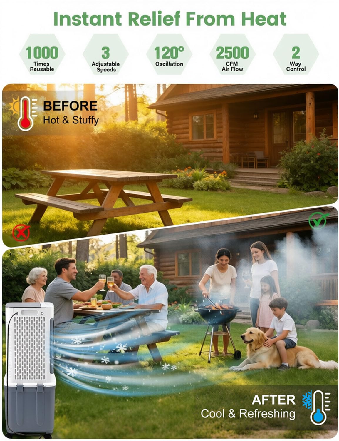 Swamp Cooler,Portable Air Conditioners Evaporative Air Cooler,Windowless Portable AC Unit Cooling Fans That Blow Cold Air With 10 Gallon WaterTank,Ultra Quiet for Room,Restaurant,Indoor,Outdoor,Garden