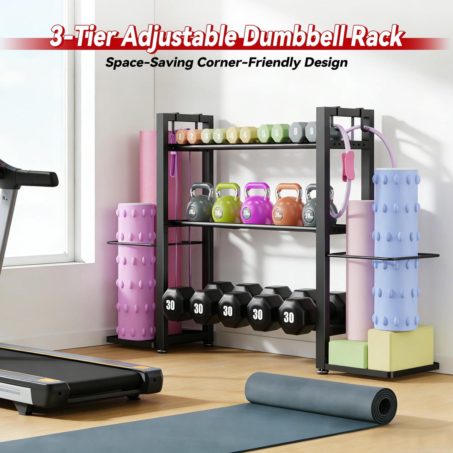 3-Tier Small Adjustable Dumbbell Rack, 450LBS Capacity Home Gym Weight Rack with Yoga Mat Holder & Hooks, Space Saving Workout Equipment Storage Organizer, Tool-free Assembly