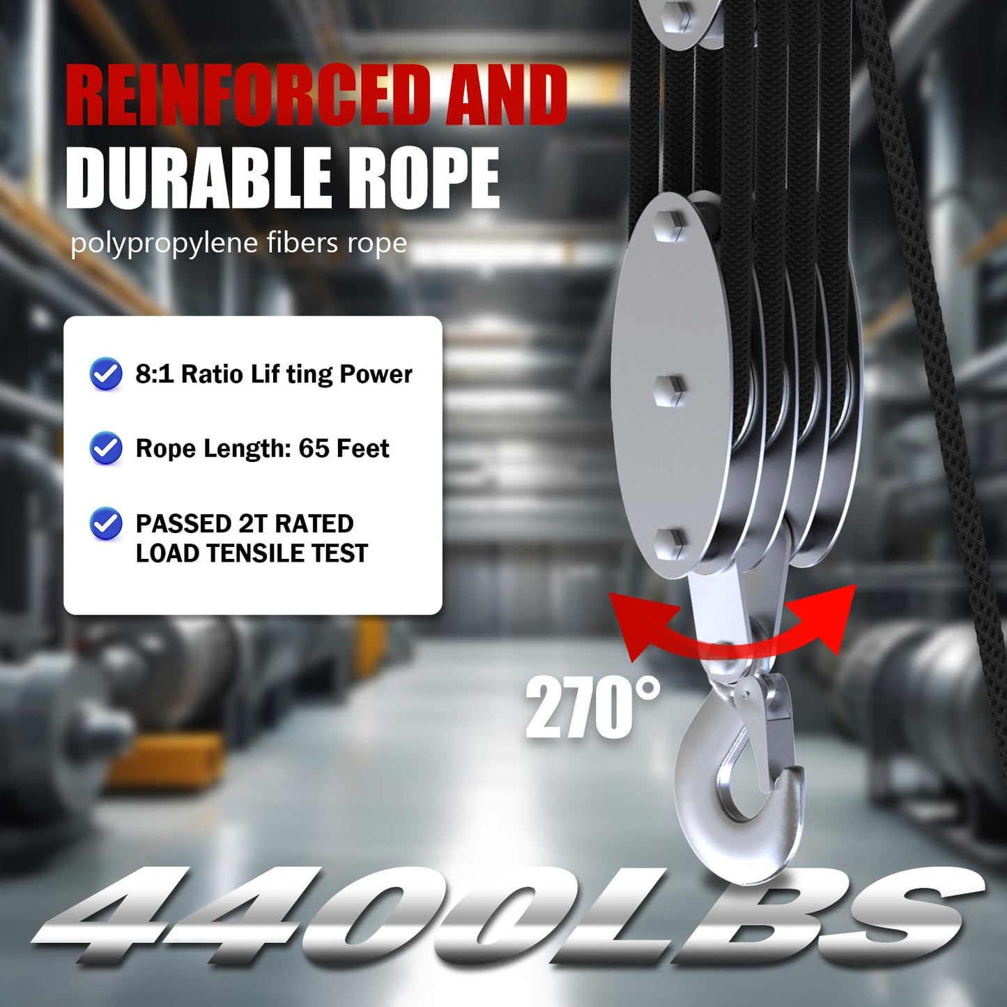 YATOINTO Rope Hoist Pulley System with Metal Bearing, 4400LB Pulley Block and Tackle, 8:1 Lifting Power 65ft, Heavy Duty Pulley Block for Hunting Lifting Heavy Objects Garage Warehouses Building