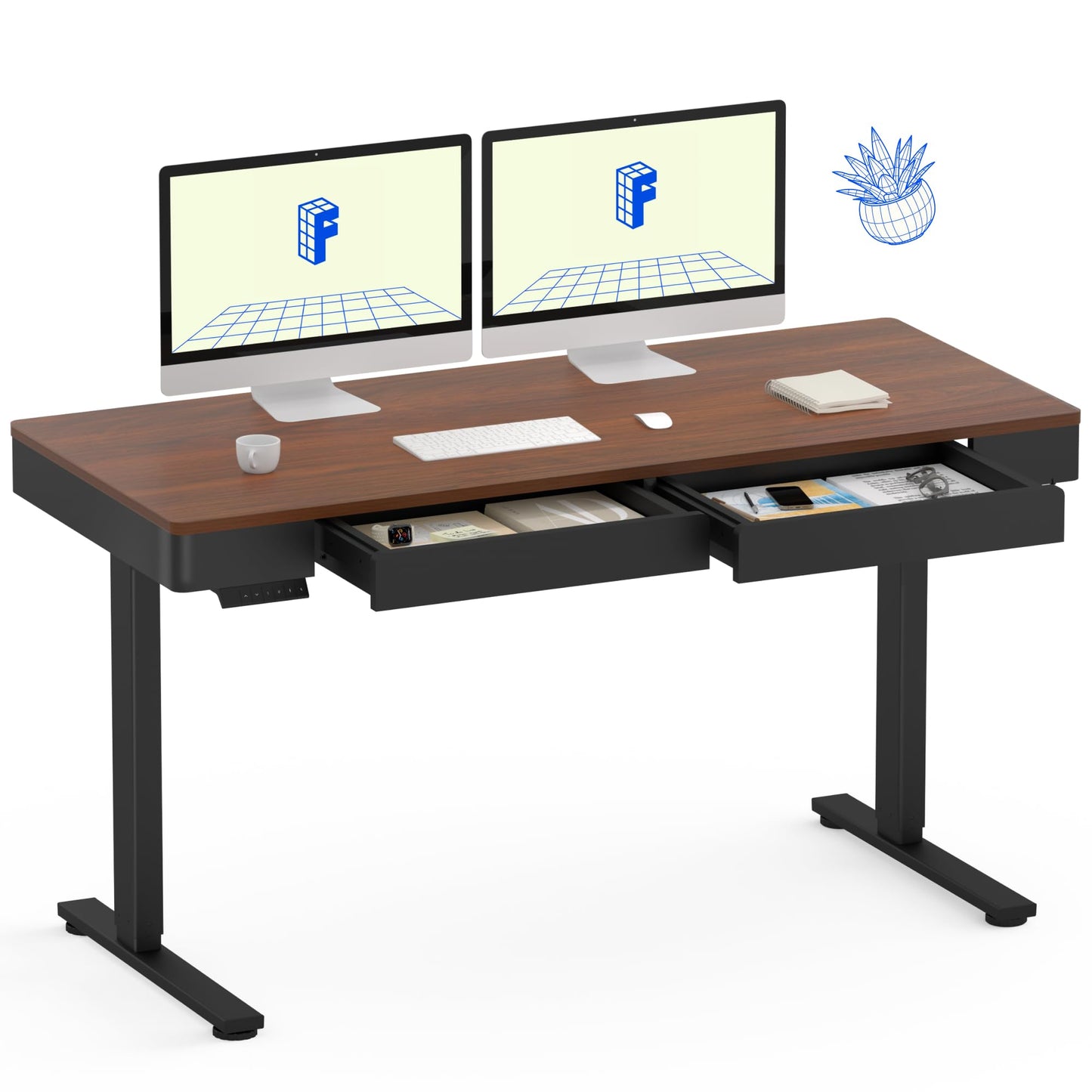 FLEXISPOT Standing Desk with Drawer, 55 x 24 Inch Whole Piece Electric Adjustable Height Stand Up Computer Workstation for Home, Office, Dark Walnut