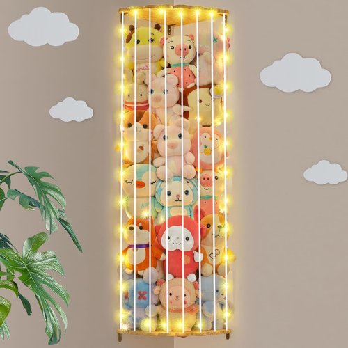 Blingbin Stuffed Animal Storage, Wood Corner Plush Toys Holder, Length Adjustable Hammock Hanging Stuffed Animal Toy Storage Organizer Shelf for Nursery Bedroom Kid Room Play Room