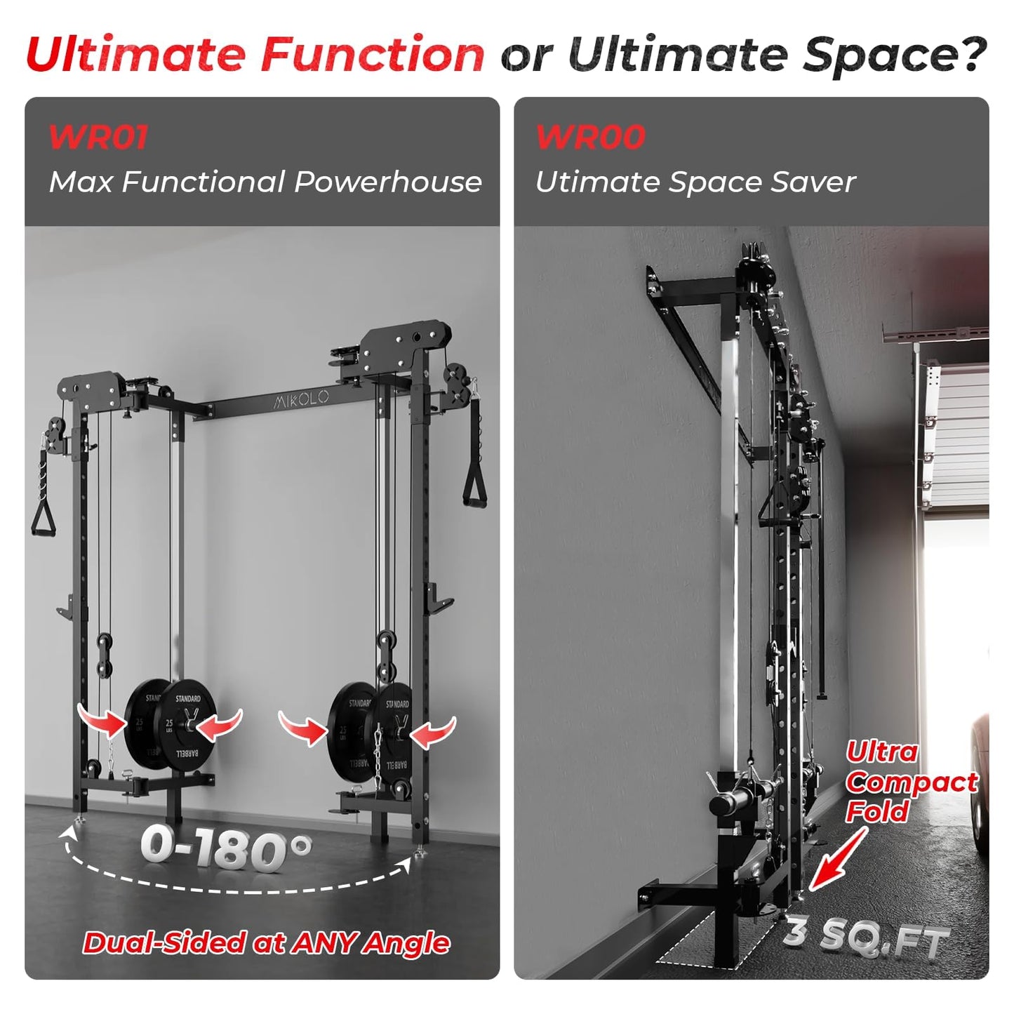 Mikolo Folding Squat Rack, Wall Mounted Power Rack with Cable Crossover Machine & LAT Pull Down, Functional Trainer with 5 Adjustable Function Modes, No Function Interference (Black)
