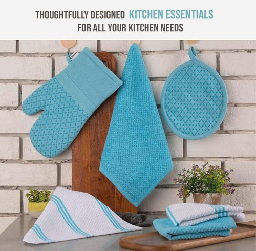 Lane Linen 16-Piece Kitchen Towel Set | Heat Resistant Oven Mitts & Pot Holders, Absorbent Aqua Dish Cloths