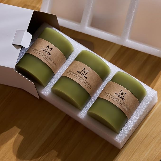 MOZEAL 3" x 4" Hand-Poured Unscented Olive Green Candle, Dripless Moss Green Pillar Candle Set of 3, Long Clean Burning, Approx 72 Hours Burn Time, Rustic Country Style, Home Decor